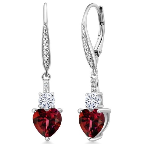 925 Sterling Silver 3.09 Cttw Red Mystic Topaz and Moissanite Heart Earrings